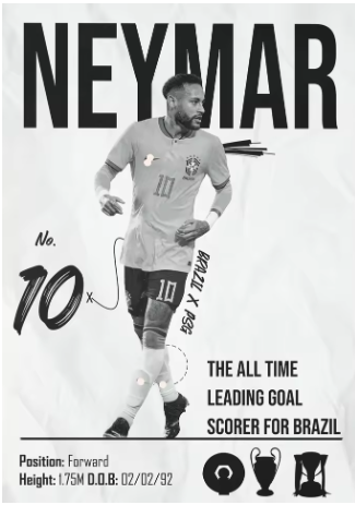 Neymar Brazil B/W Canvas Poster 45X30cm