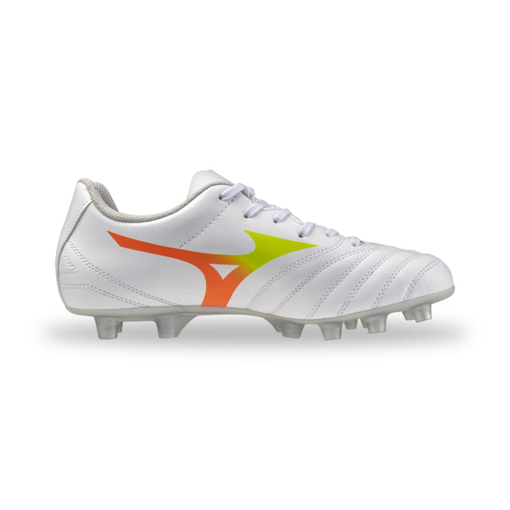 Mizuno Monarcida Neo III Select Junior FG Boots - White / Evening Primrose / Lava Orange