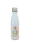A white plastic water bottle with a metal cap, featuring a label with a portrait of a soccer player in a blue jersey, presumably Mbappe, and the text 'MBAPPE'.