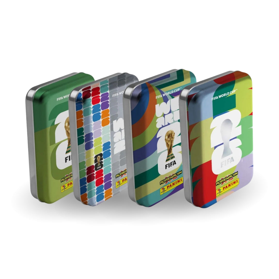 Four colorful tins with FIFA branding on a white background