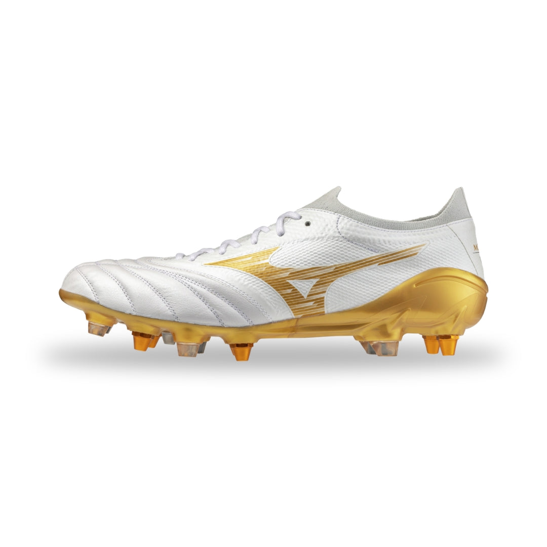 Mizuno Morelia Neo IV Beta Elite MxSG Boots – White / Gold / Gray