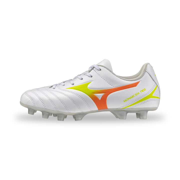 Mizuno Monarcida Neo III Select Junior FG Boots - White / Evening Primrose / Lava Orange