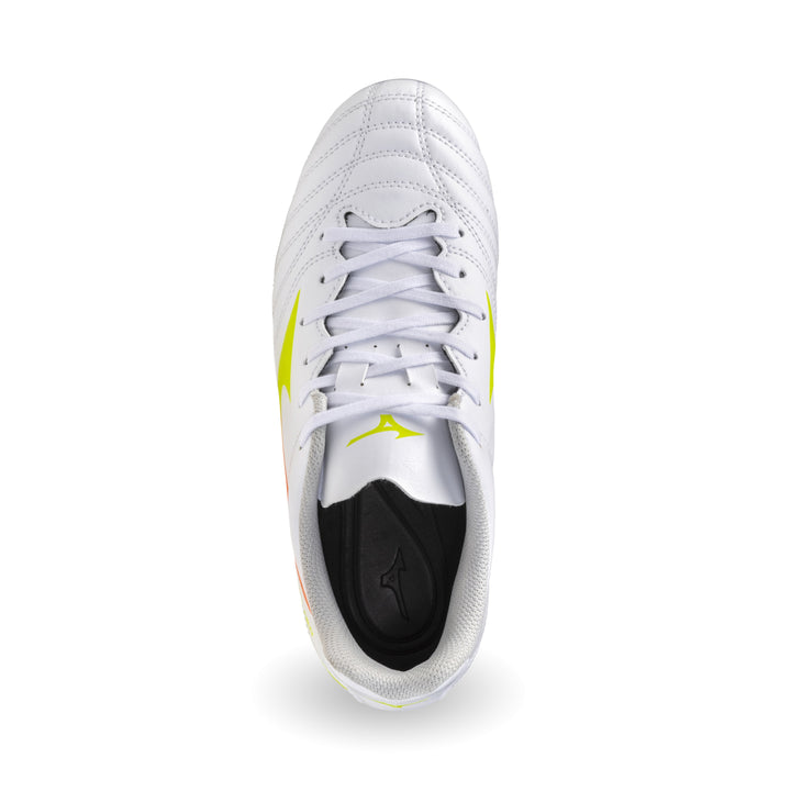 Mizuno Monarcida Neo III Select Junior FG Boots - White / Evening Primrose / Lava Orange