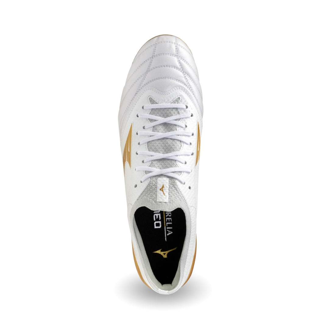 Mizuno Morelia Neo IV Beta Elite MxSG Boots – White / Gold / Gray