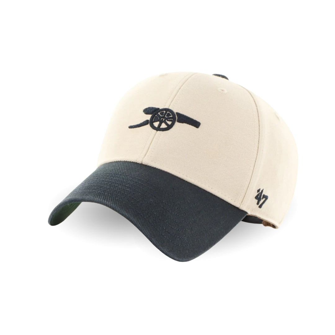 Beige and black cap with logo on a white background