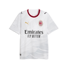 White Puma AC Milan home soccer jersey with red and black trim, featuring the gold Puma cat logo, AC Milan crest, and Emirates Fly Better sponsor text.