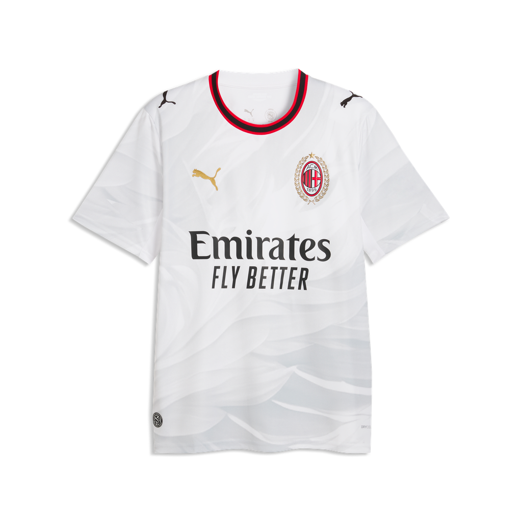 White Puma AC Milan home soccer jersey with red and black trim, featuring the gold Puma cat logo, AC Milan crest, and Emirates Fly Better sponsor text.