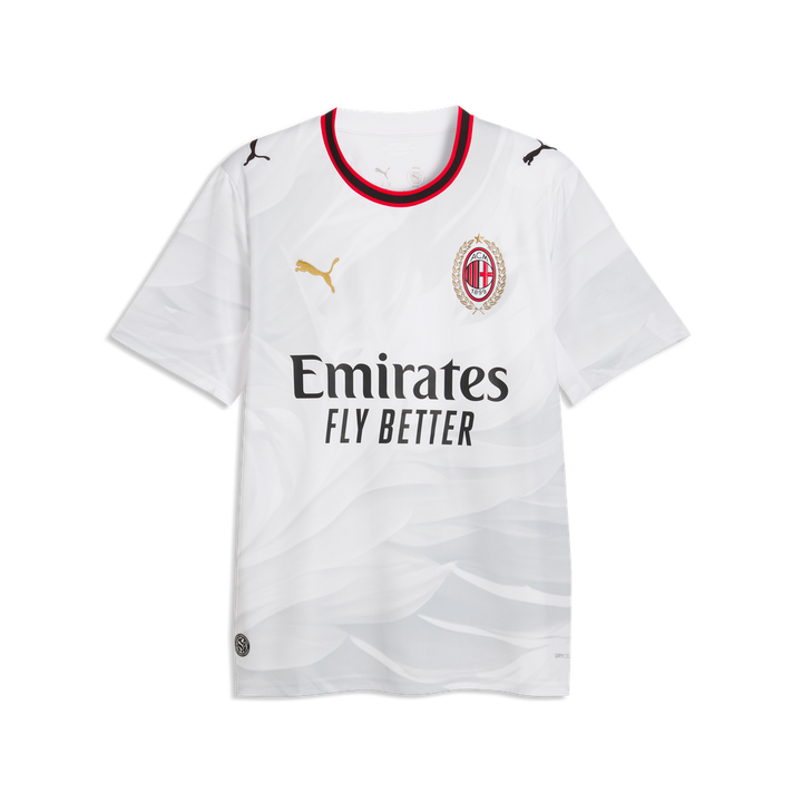 White Puma AC Milan home soccer jersey with red and black trim, featuring the gold Puma cat logo, AC Milan crest, and Emirates Fly Better sponsor text.
