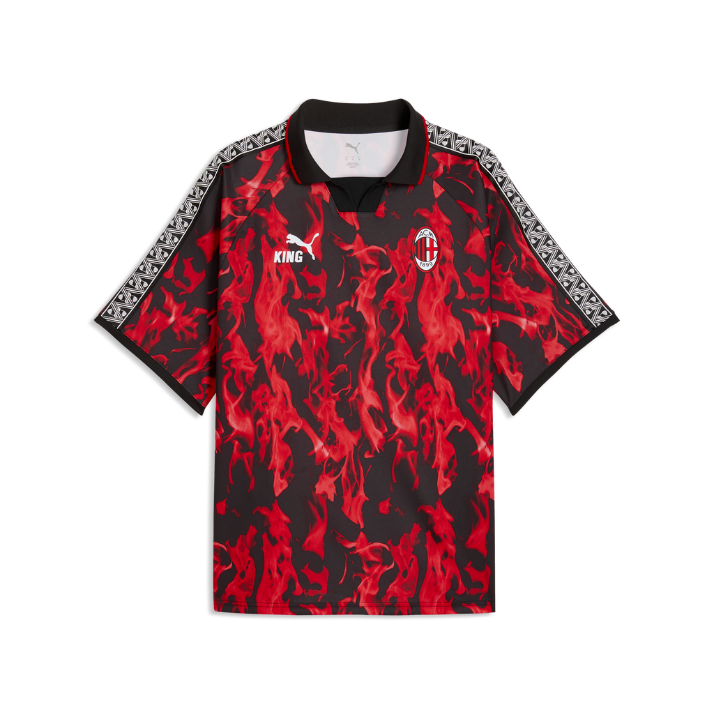 Red and black sports jersey with branding on a white background