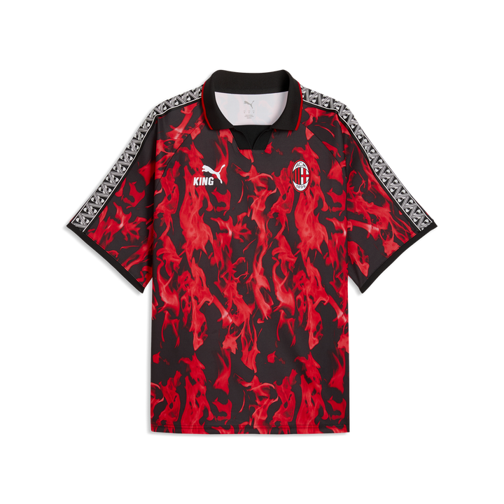 Red and black sports jersey with branding on a white background