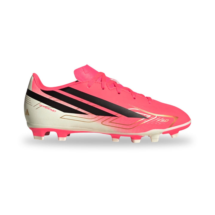 Pink and beige soccer cleat with black stripes on a white background