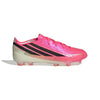Pink soccer cleat with black stripes on a white background