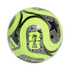 Neon green and black soccer ball with FIFA logo on a white background