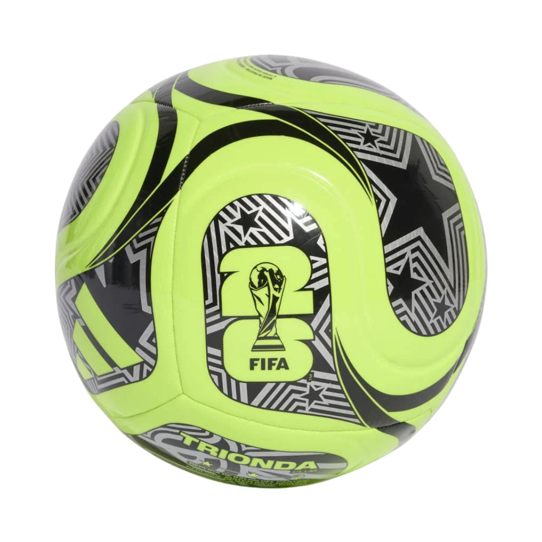 Neon green and black soccer ball with FIFA logo on a white background
