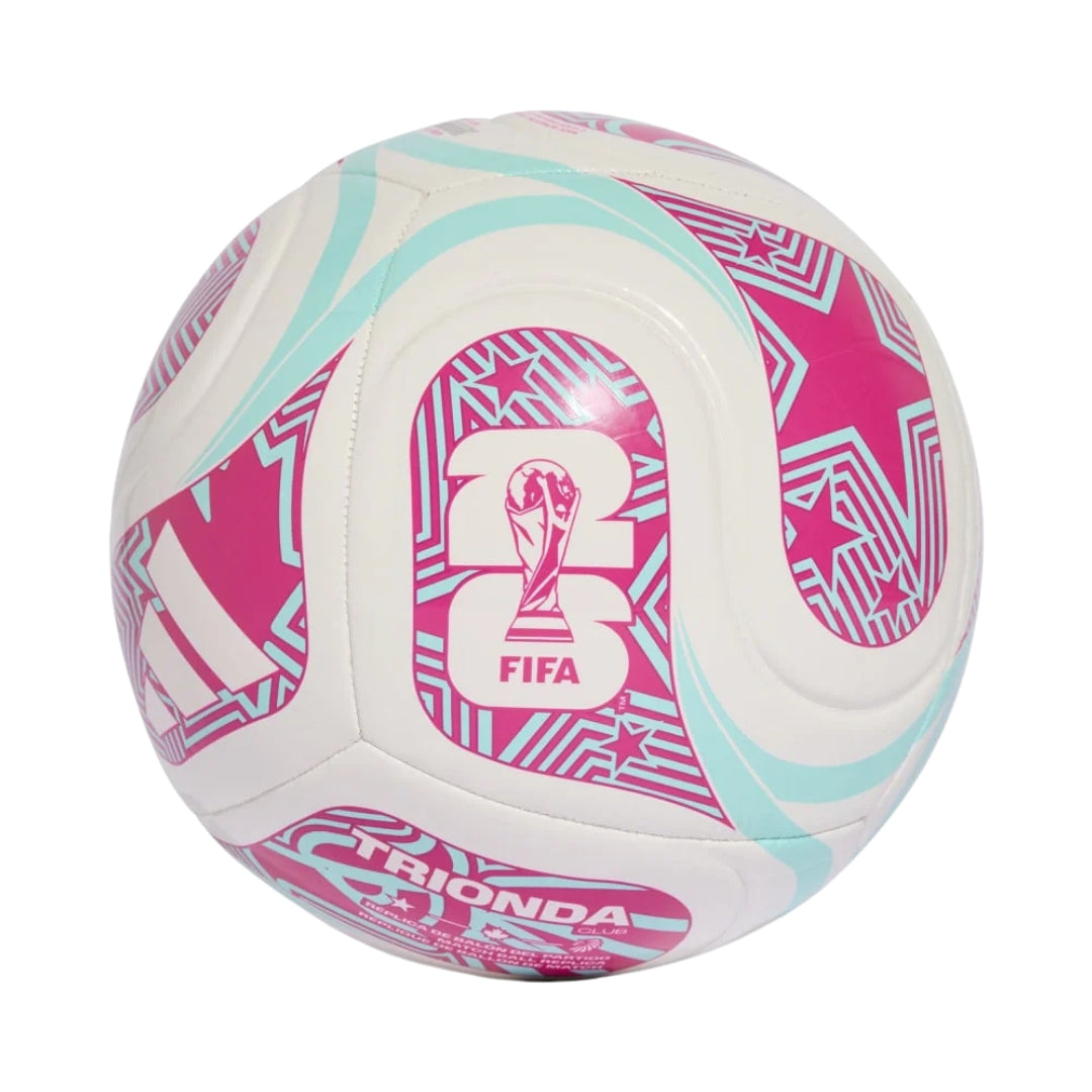 White soccer ball with pink and blue patterns and FIFA logo on a white background