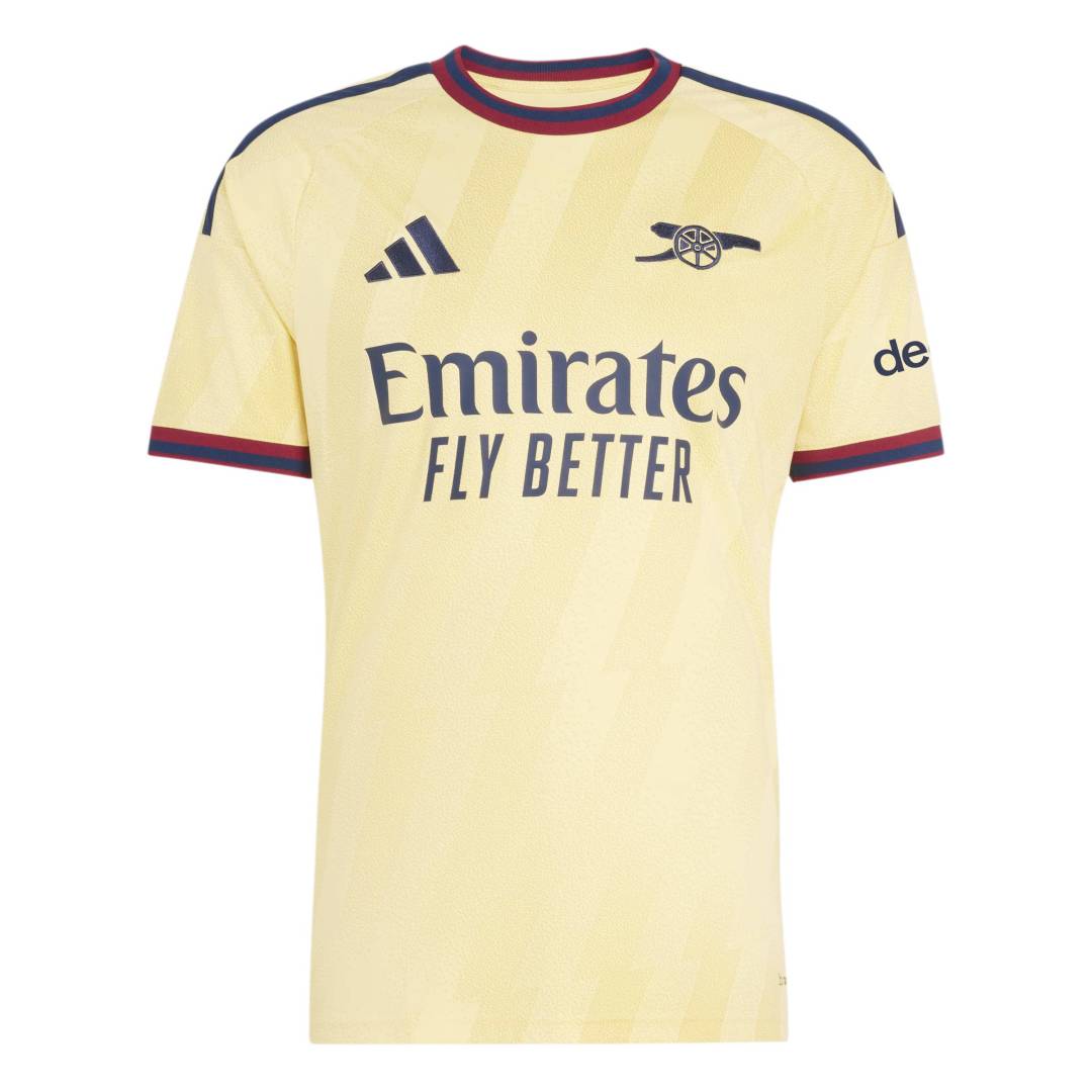 A pale yellow Arsenal home soccer jersey by Adidas, featuring the club's crest, the Emirates Fly Better sponsor logo, and navy blue and red trim on the collar and sleeve cuffs.