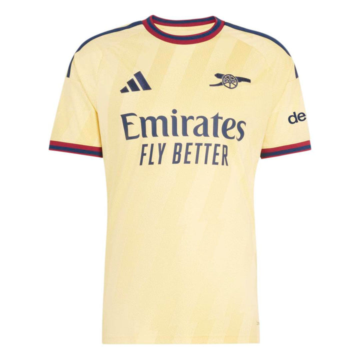 A pale yellow Arsenal home soccer jersey by Adidas, featuring the club's crest, the Emirates Fly Better sponsor logo, and navy blue and red trim on the collar and sleeve cuffs.
