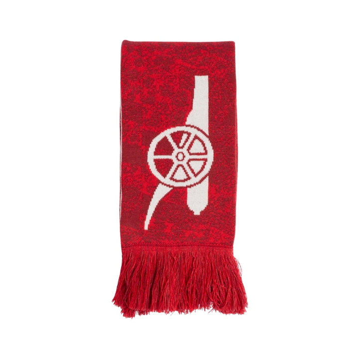 A red knitted scarf with a white Arsenal cannon logo and fringed ends, shown flat against a white background.