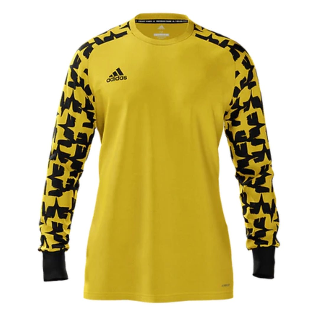 Yellow goalkeeper jersey with black patterned sleeves on a white background