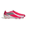 A single Adidas soccer cleat in a vibrant pink colorway, featuring black and white wave-like stripes on the side, a white heel counter, and pink-tipped studs, set against a plain white background.