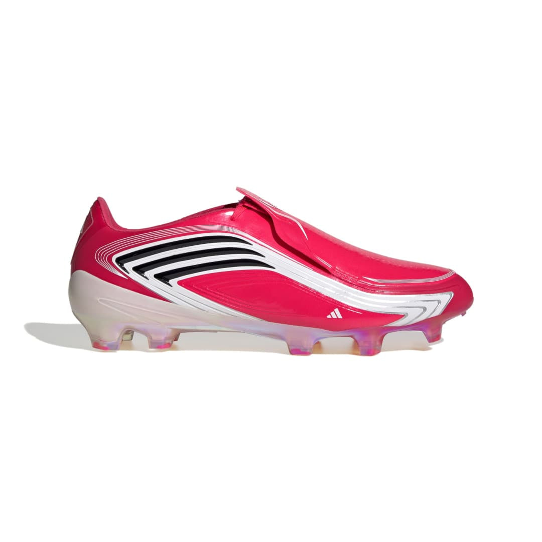 A single Adidas soccer cleat in a vibrant pink colorway, featuring black and white wave-like stripes on the side, a white heel counter, and pink-tipped studs, set against a plain white background.
