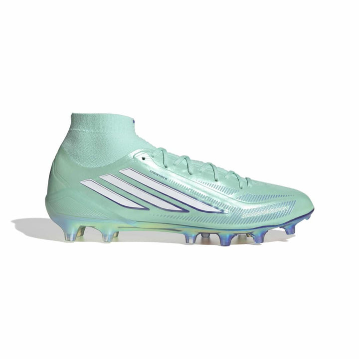 A mint green Adidas soccer cleat with white three-stripes on a clean white background.