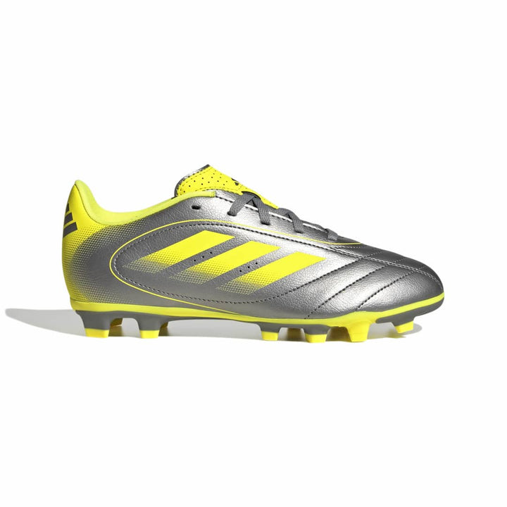 A single Adidas soccer cleat in metallic silver with bright yellow accents, including the three stripes, heel, tongue, and studs, shown in a side profile on a white background.