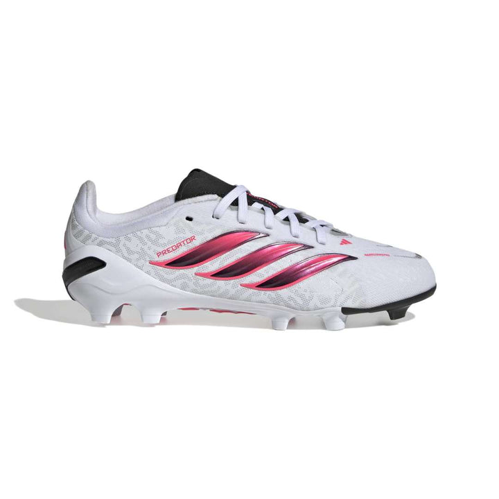 White Adidas Predator soccer cleat with metallic pink stripes and black accents, shown from a side profile on a white background.