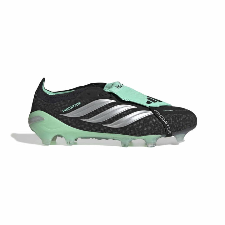 A single Adidas Predator soccer cleat in black and mint green with silver stripes, shown from the side profile on a white background.