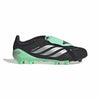 An Adidas soccer cleat in black with mint green accents and silver stripes, shown from a side profile on a white background.