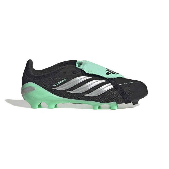An Adidas soccer cleat in black with mint green accents and silver stripes, shown from a side profile on a white background.