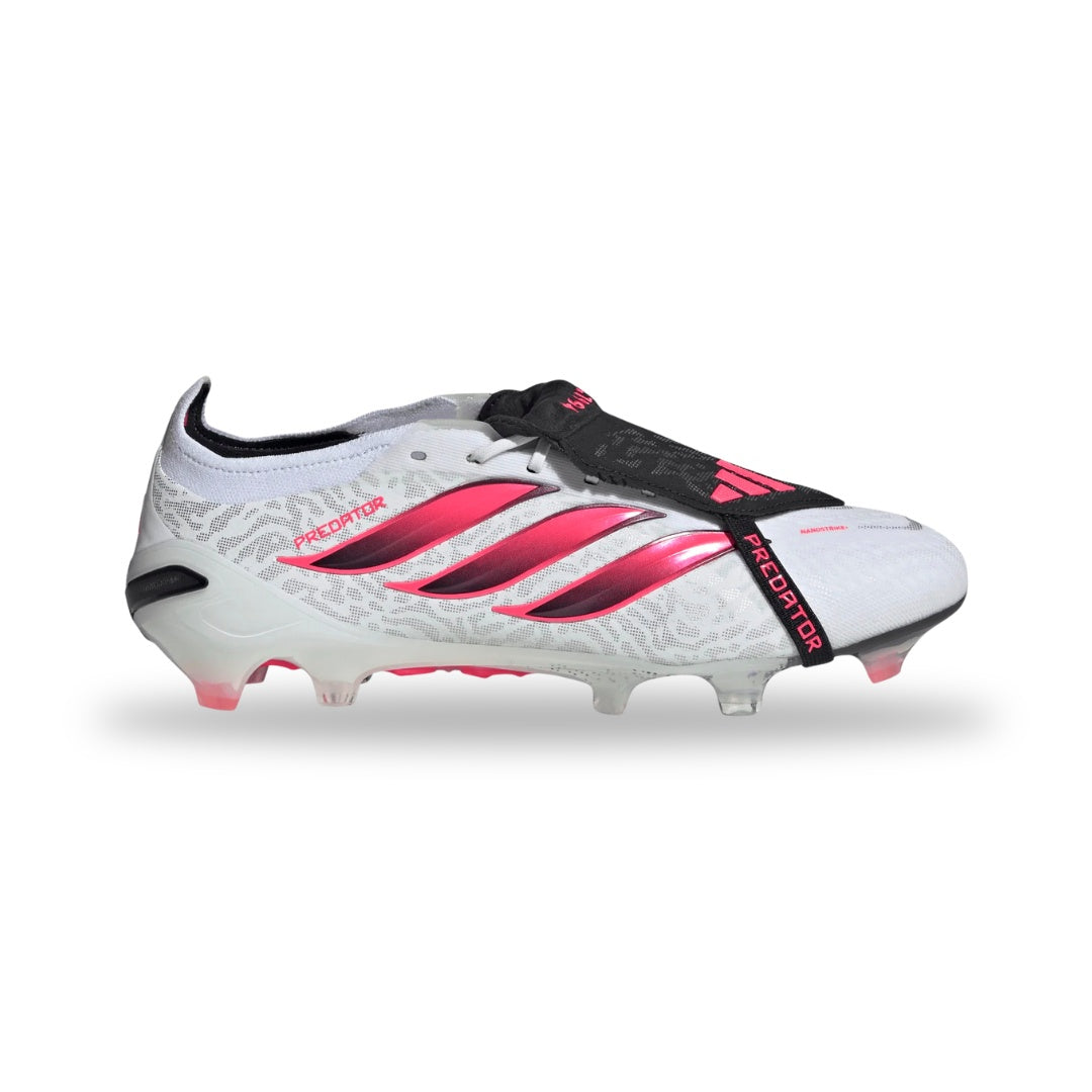 White soccer cleat with pink accents on a white background
