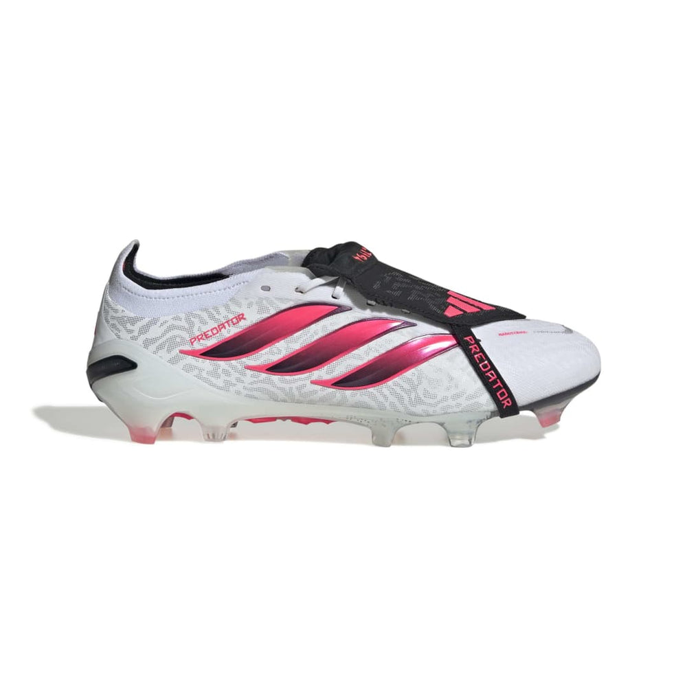 A white Adidas soccer cleat with black and hot pink accents, featuring the Adidas three-stripe design and Preciso+ technology, shown from a side profile on a white background.