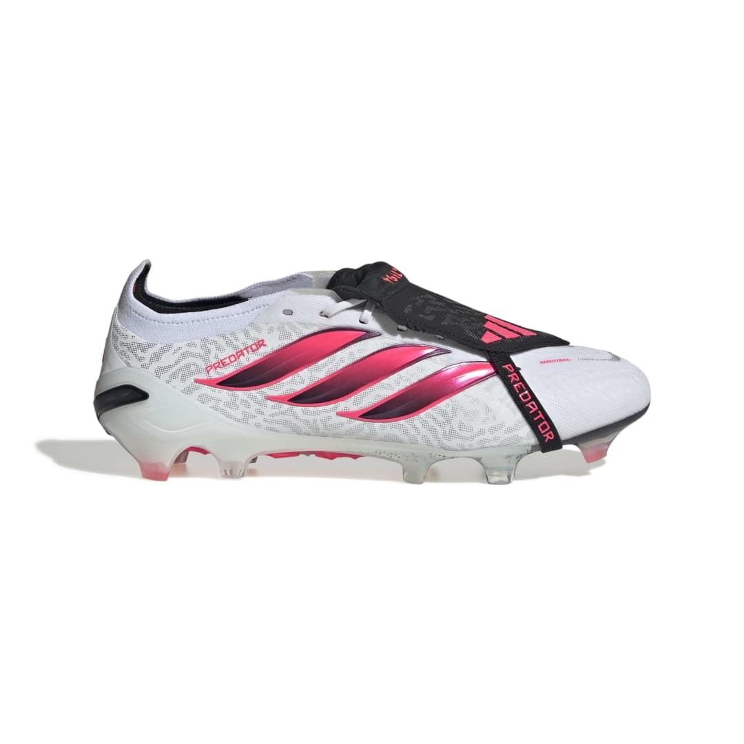 A white Adidas soccer cleat with black and hot pink accents, featuring the Adidas three-stripe design and Preciso+ technology, shown from a side profile on a white background.