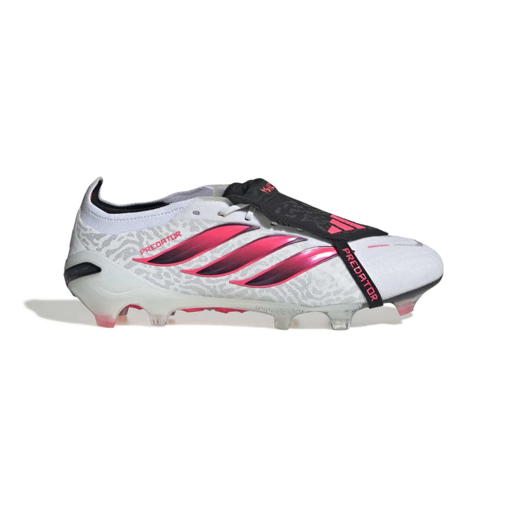 A white Adidas soccer cleat with black and hot pink accents, featuring the Adidas three-stripe design and Preciso+ technology, shown from a side profile on a white background.