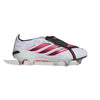 White soccer cleat with pink accents on a white background