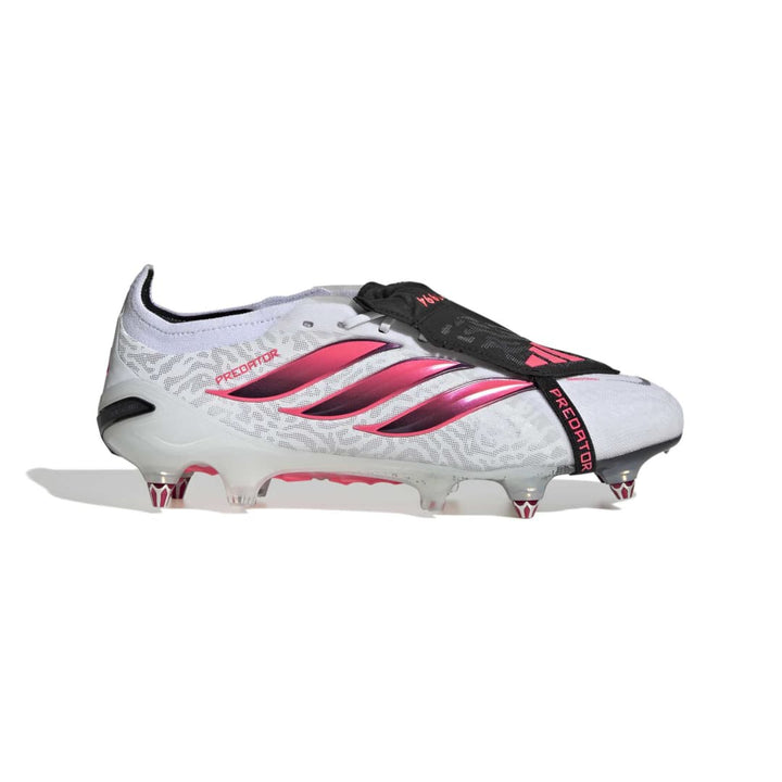 White soccer cleat with pink accents on a white background