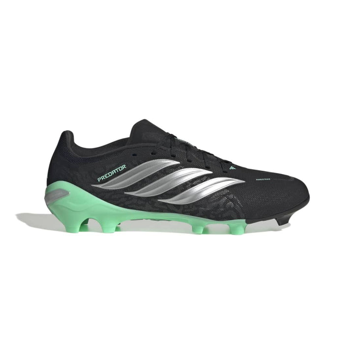 Adidas Predator soccer cleat in black with metallic silver stripes and a vibrant mint green sole, shown from a side profile on a white background.