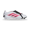 White soccer cleat with pink accents on a white background