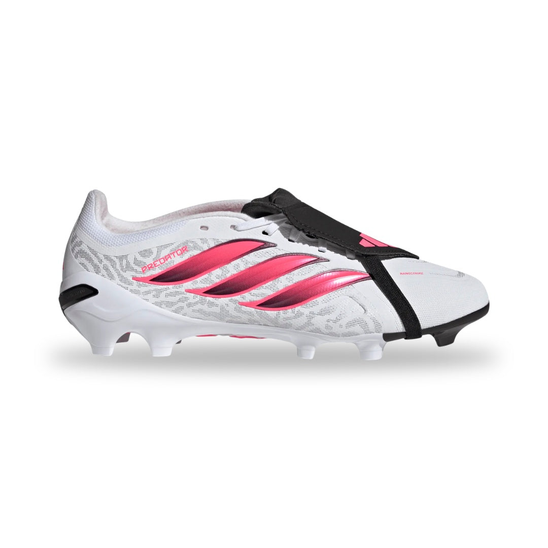 White soccer cleat with pink accents on a white background