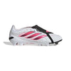 A white Adidas soccer cleat with black and vibrant pink accents, featuring a patterned midfoot design and a black heel counter, shown against a plain white background.