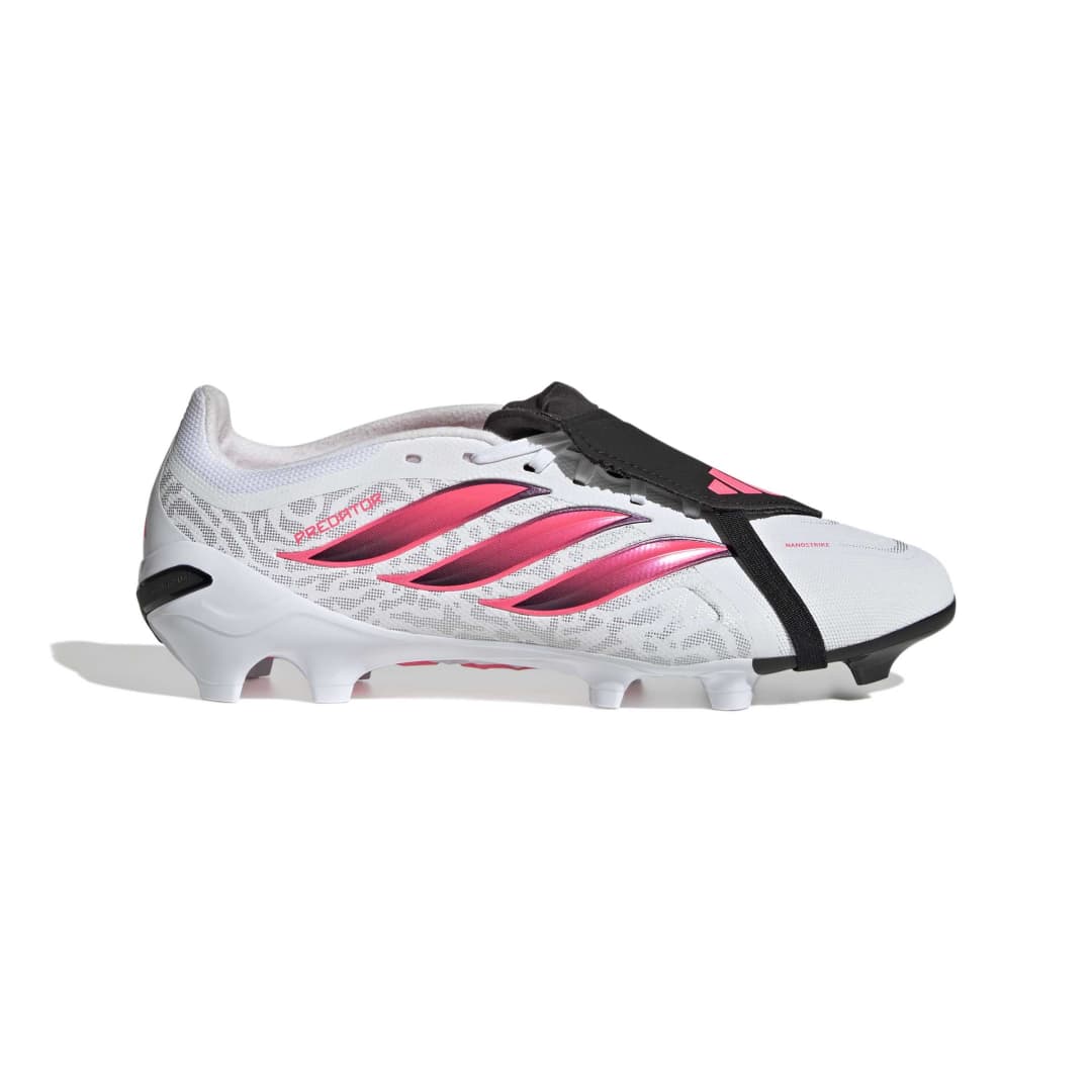 A white Adidas soccer cleat with black and vibrant pink accents, featuring a patterned midfoot design and a black heel counter, shown against a plain white background.