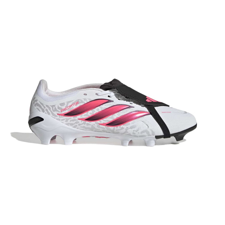 A white Adidas soccer cleat with black and vibrant pink accents, featuring a patterned midfoot design and a black heel counter, shown against a plain white background.