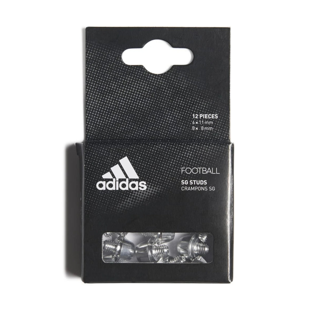 Adidas football stud packaging with clear window showing studs inside.