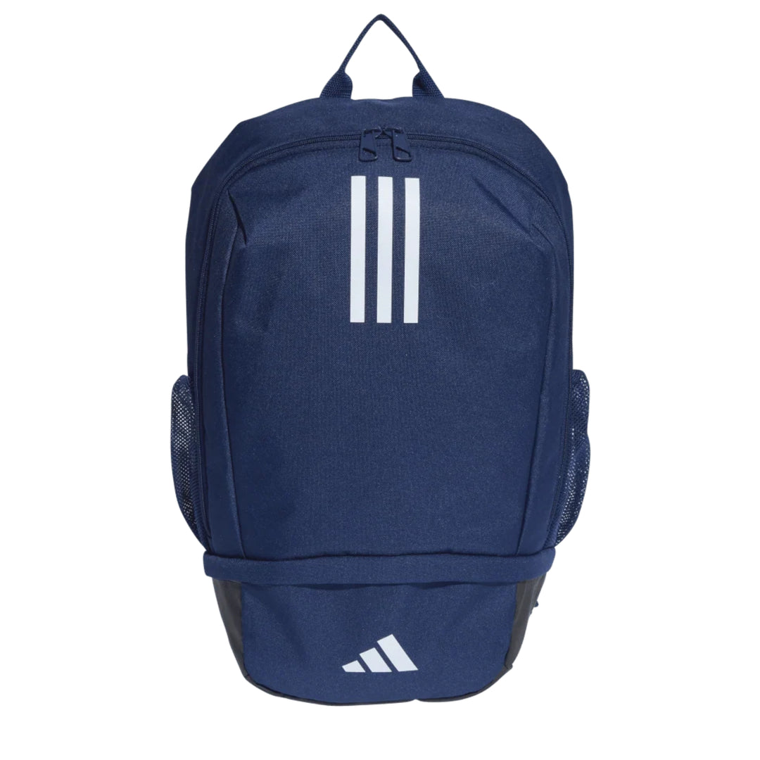 A navy blue Adidas backpack with three white stripes on the front, a white Adidas logo on the bottom pocket, and side mesh pockets, shown against a plain white background.