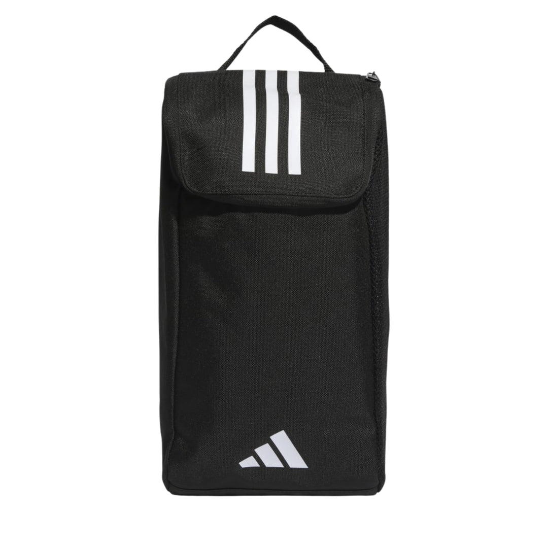 A black Adidas shoe bag with white branding, featuring three vertical stripes on the flap and the Adidas logo near the bottom, set against a plain white background.