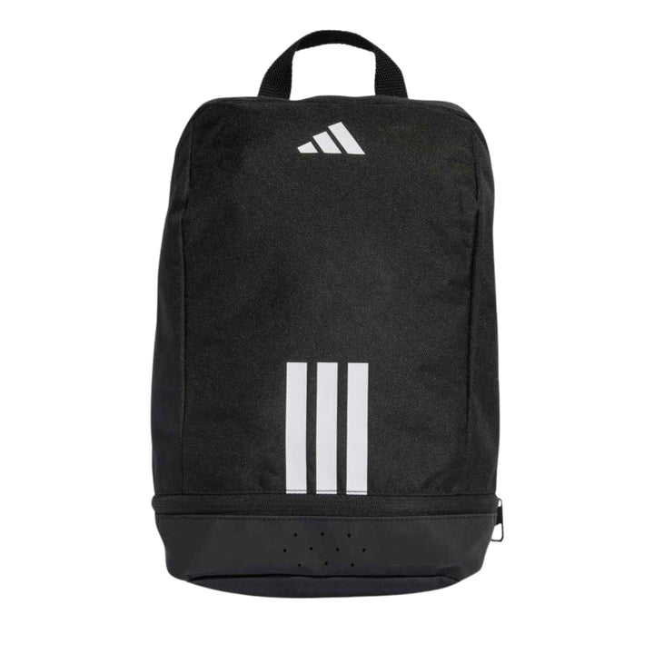 A black Adidas backpack shown from the front on a plain white background, featuring the white Adidas logo near the top and three vertical white stripes on the lower front.