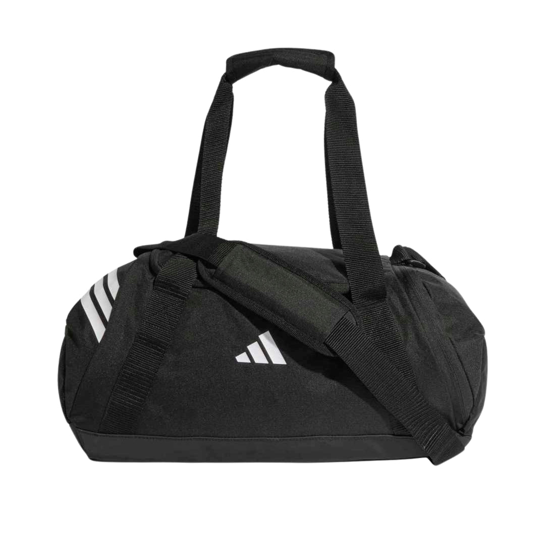 A black Adidas duffel bag with white three-stripe branding on the side and a matching white logo on the front, shown against a plain white background.