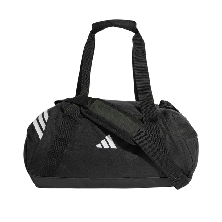 A black Adidas duffel bag with white three-stripe branding on the side and a matching white logo on the front, shown against a plain white background.