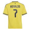 Yellow short-sleeve soccer jersey shown from the back, with 'RONALDO' and the number 7 printed in dark navy on the back, plus decorative black-and-gold patterned trim at the collar and sleeve cuffs.